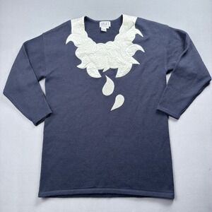 Apart Impressions Navy Sweater with‎ Embroidered Satin Applique - Size L
